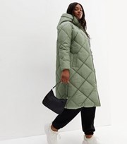 New Look Curves Olive Quilted Long Hooded Puffer Jacket
